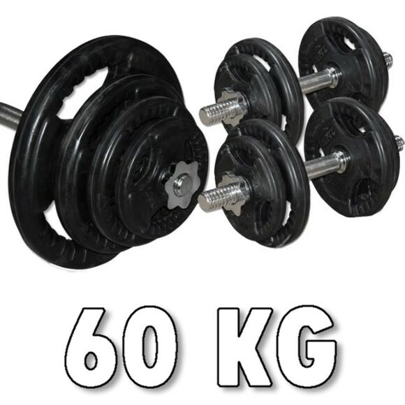 Kumitettu Painosarja 60 kg sis. pitkä tanko ja säädettävä käsipainot